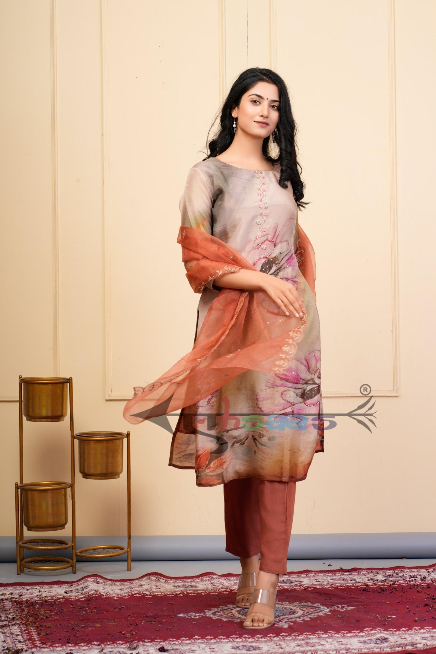 Pure Brown Printed 3 Piece Kurta Set