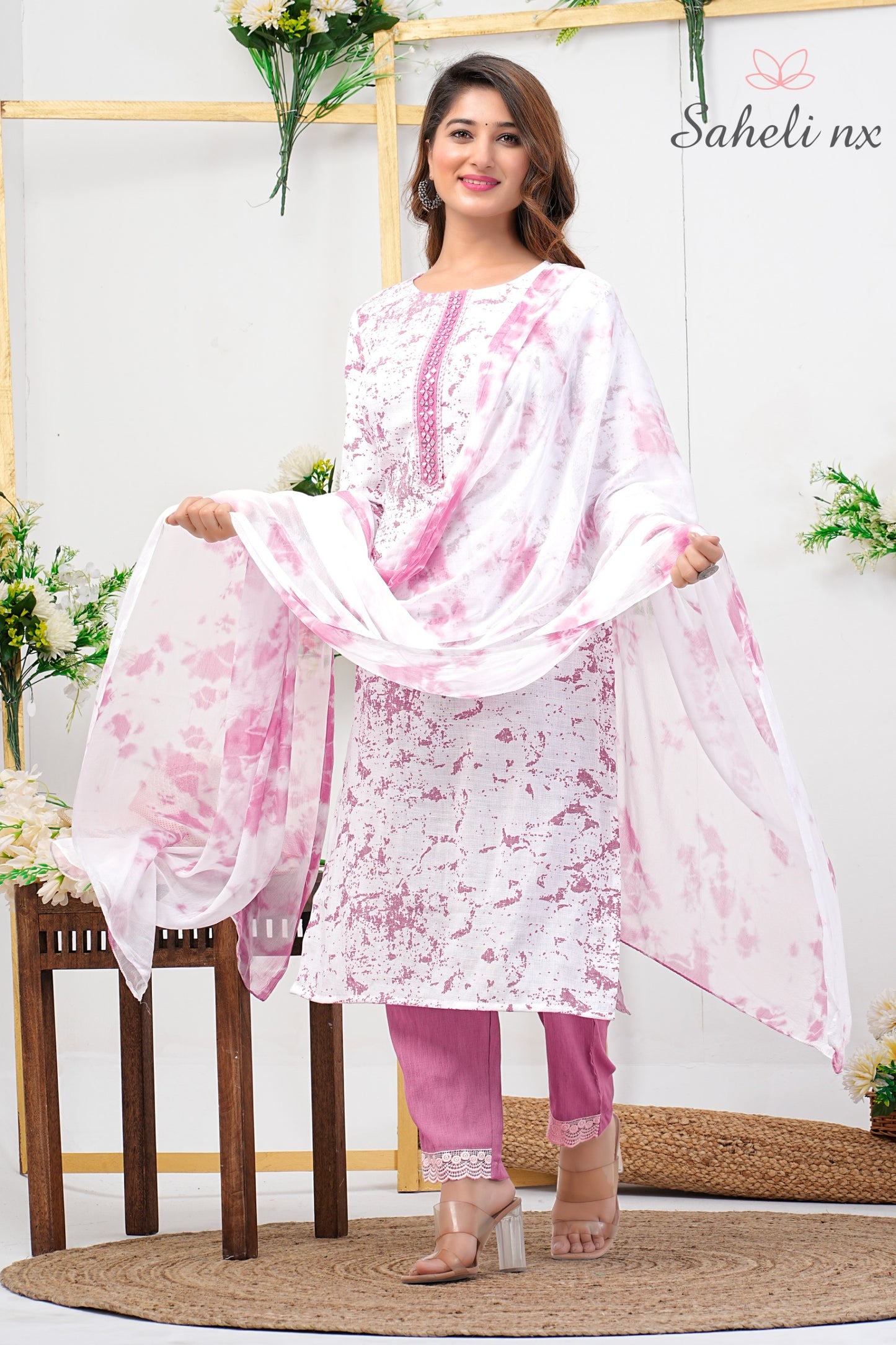 Light Pink Printed White Kurta Set