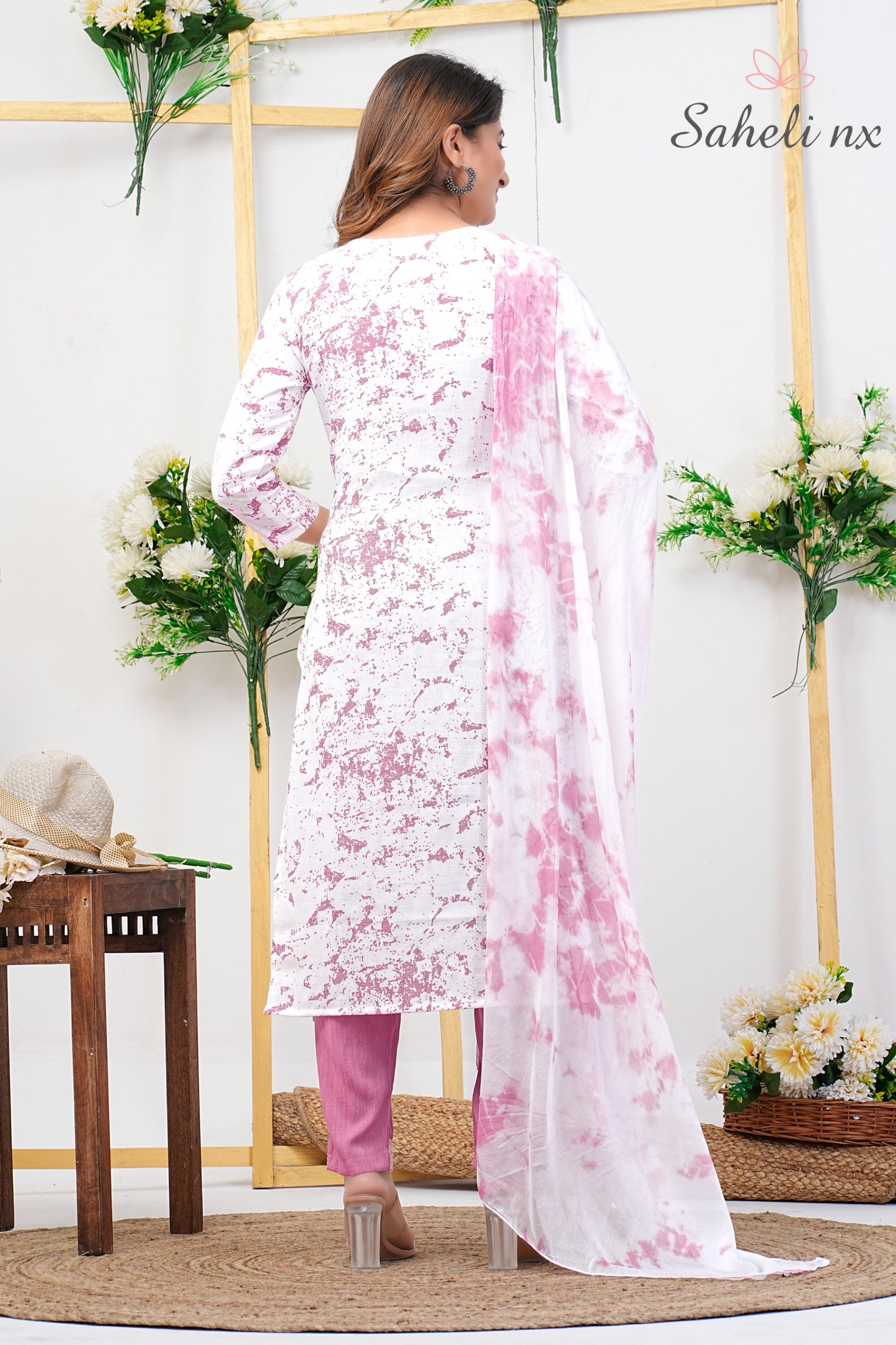 Light Pink Printed White Kurta Set