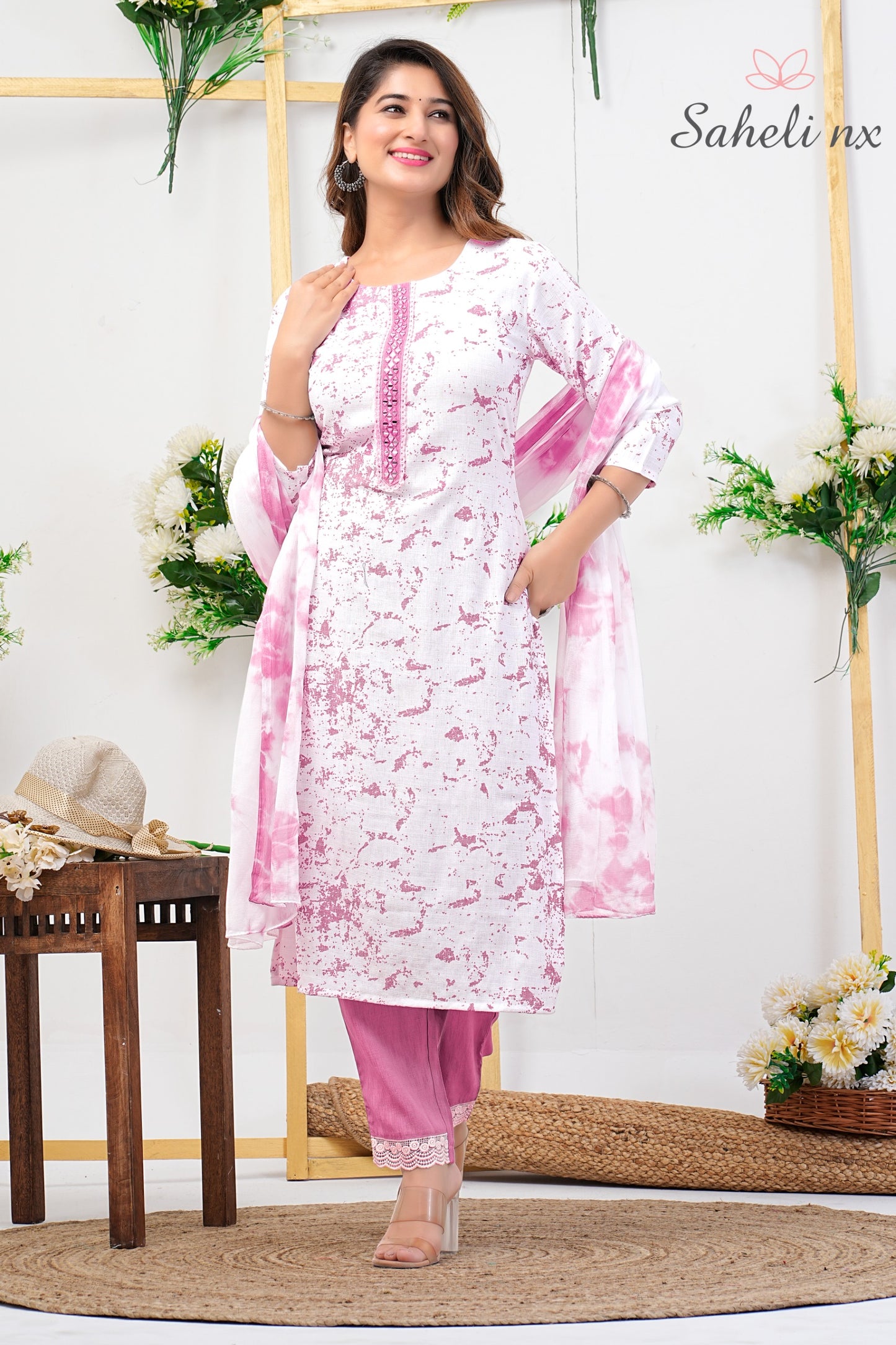 Light Pink Printed White Kurta Set