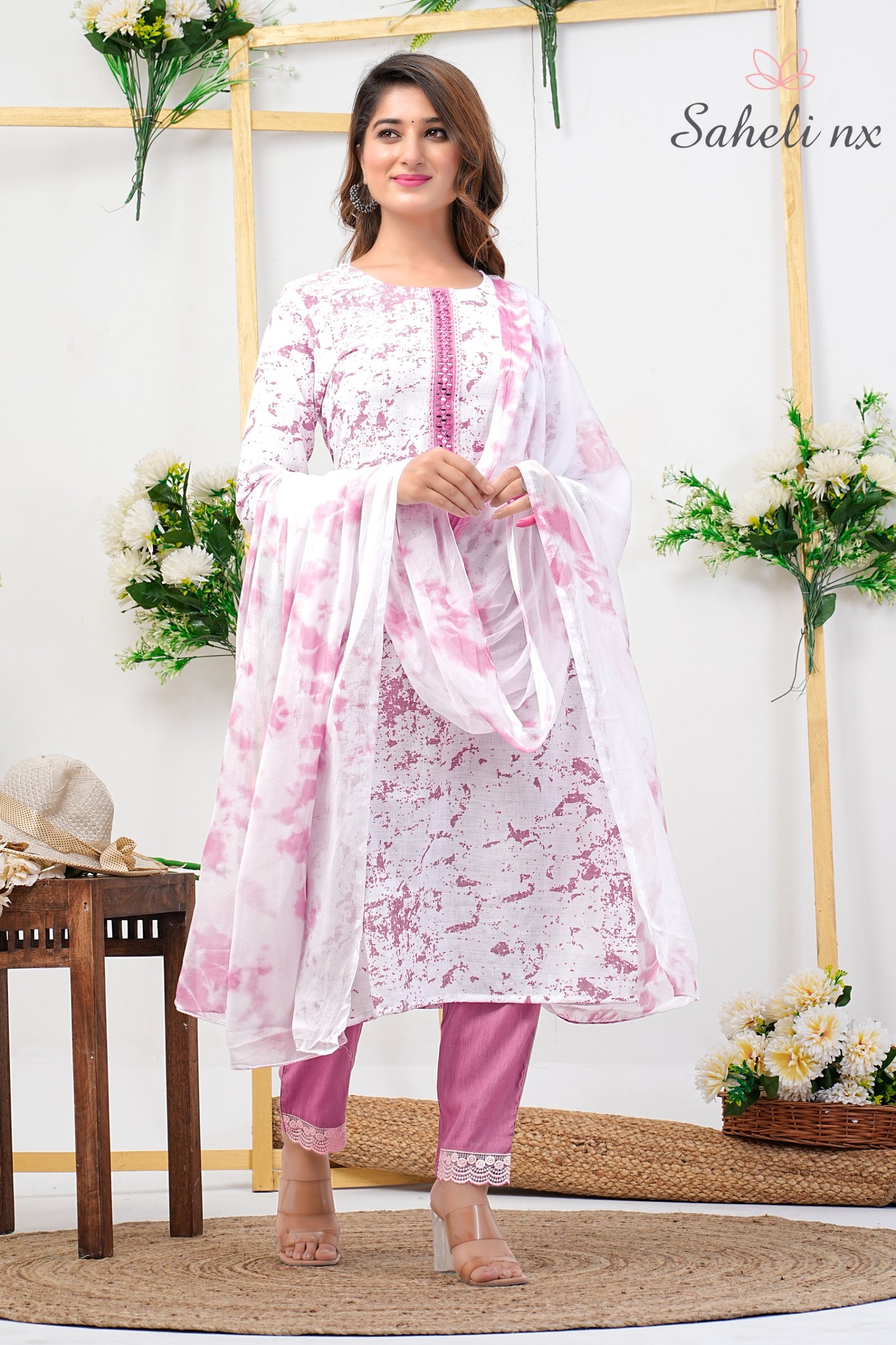 Light Pink Printed White Kurta Set