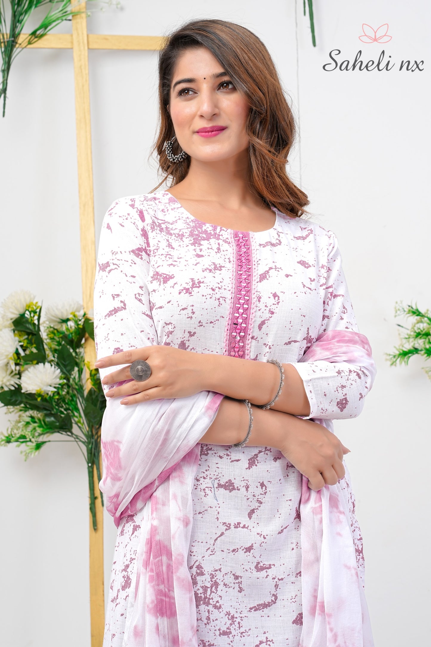 Light Pink Printed White Kurta Set