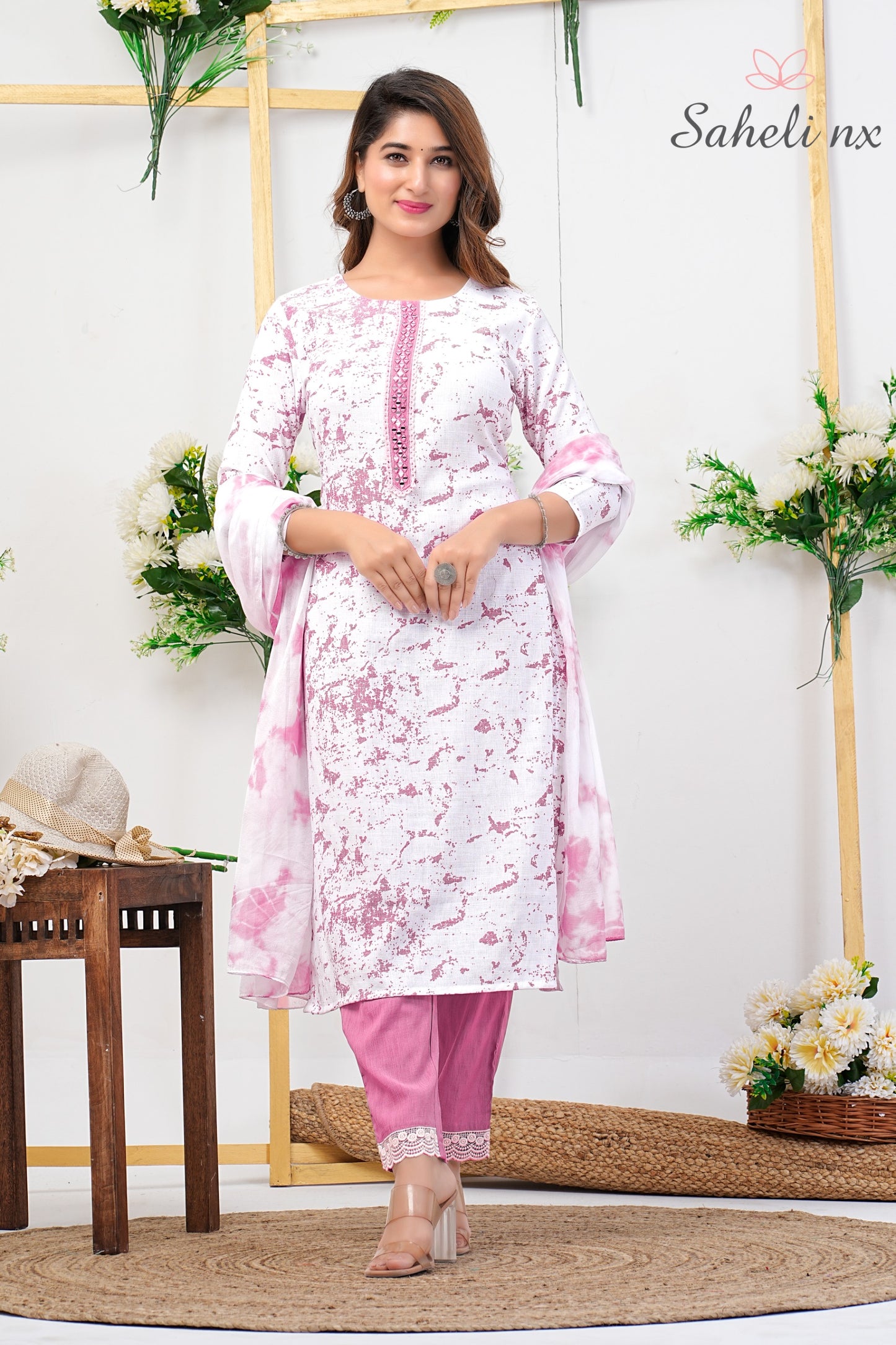 Light Pink Printed White Kurta Set