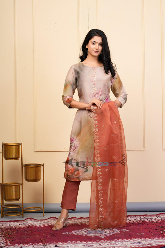 Pure Brown Printed 3 Piece Kurta Set